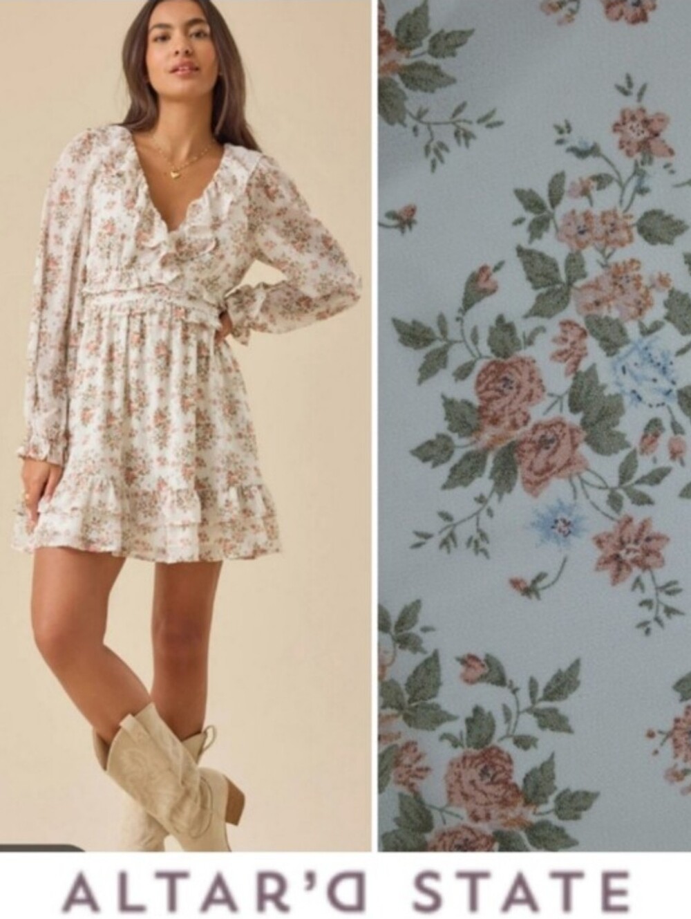 Altar'd State Beatrice Deep V Mini Ruffle Dress, Long Sleeves, Ivory, Floral